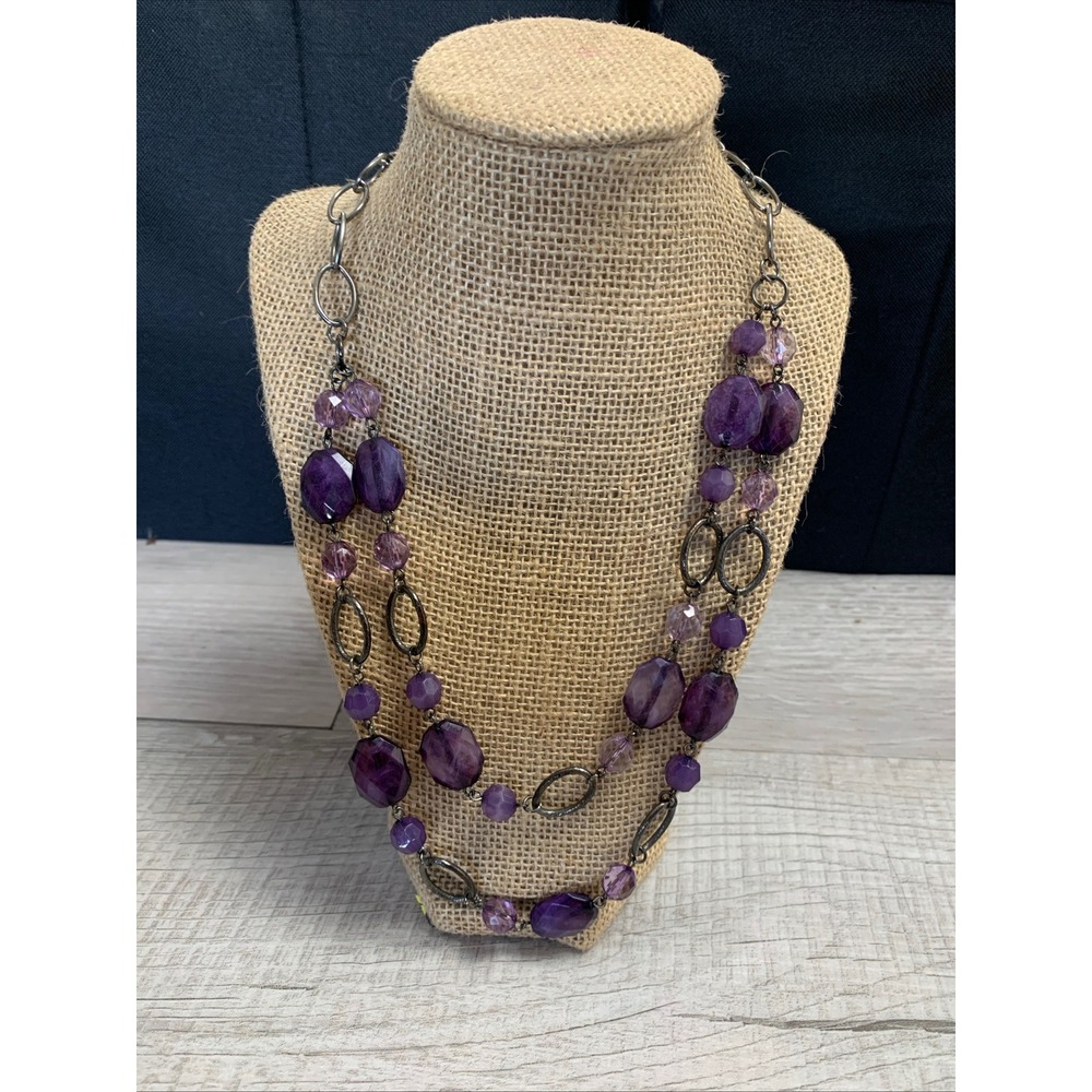 Purple Beaded Double Layer Necklace Gunmetal Tone Multi Strand Statement 20 inch